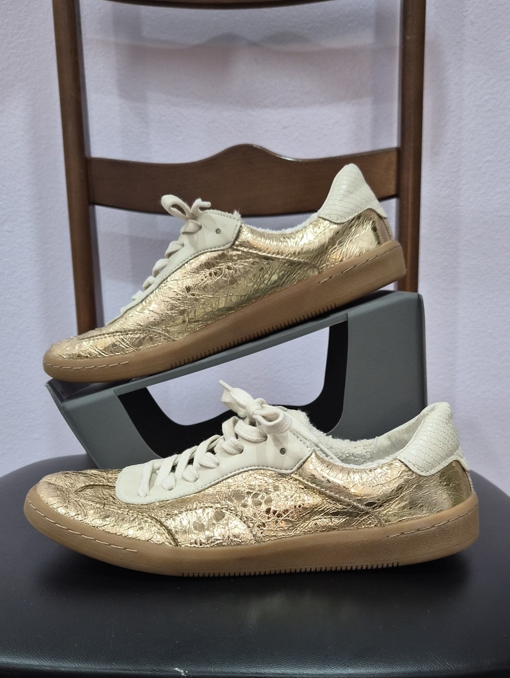 Dolce Vita Metallic Gold and Cream Low-Top Sneakers